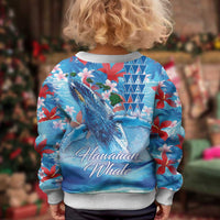 Hawaiian Waves Whale Kid Ugly Christmas Sweater Kakau Art and Tropical Red Hibiscus Flowers LT03 - Polynesian Pride