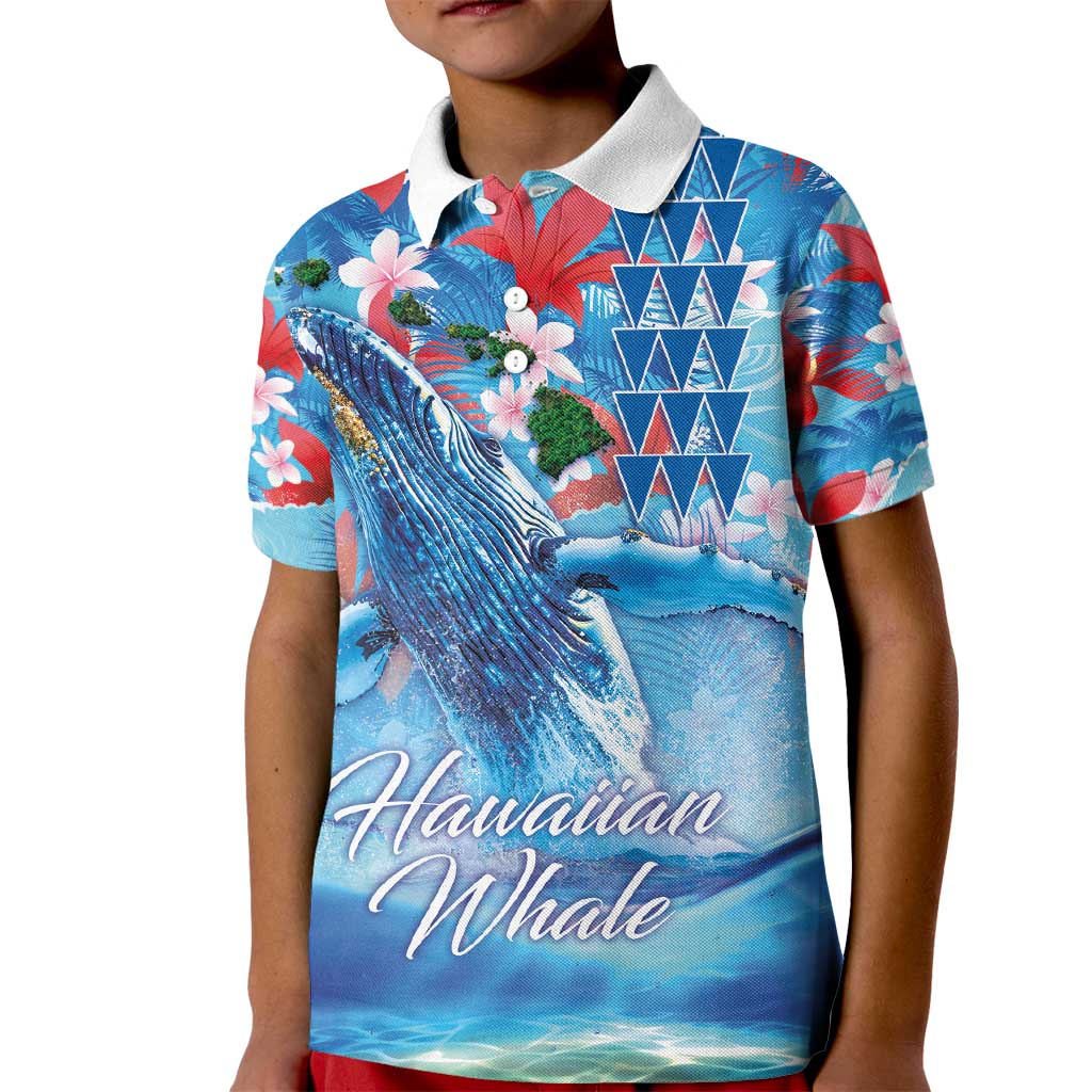 Hawaiian Waves Whale Kid Polo Shirt Kakau Art and Tropical Red Hibiscus Flowers LT03 Kid Blue - Polynesian Pride