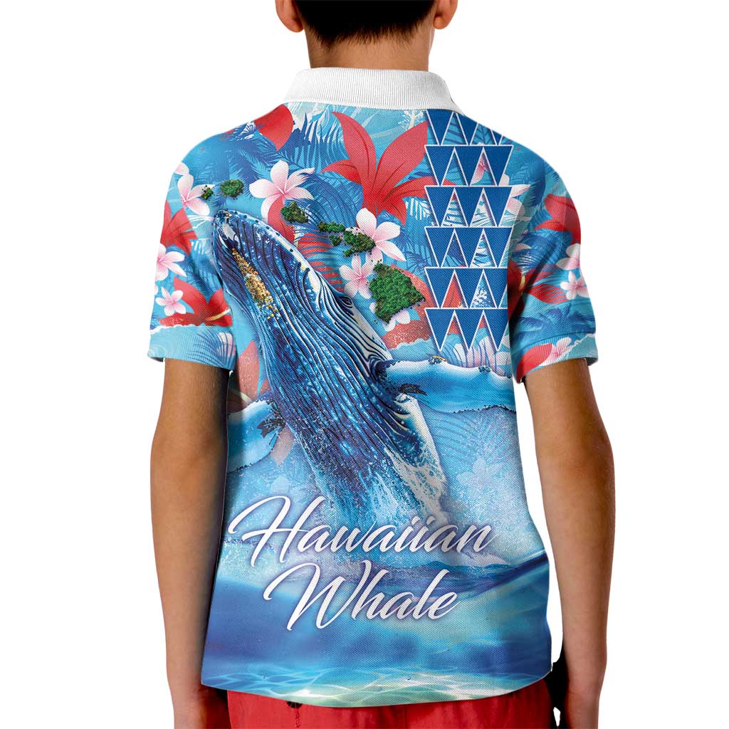 Hawaiian Waves Whale Kid Polo Shirt Kakau Art and Tropical Red Hibiscus Flowers LT03 - Polynesian Pride