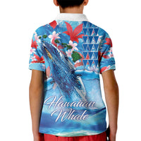 Hawaiian Waves Whale Kid Polo Shirt Kakau Art and Tropical Red Hibiscus Flowers LT03 - Polynesian Pride