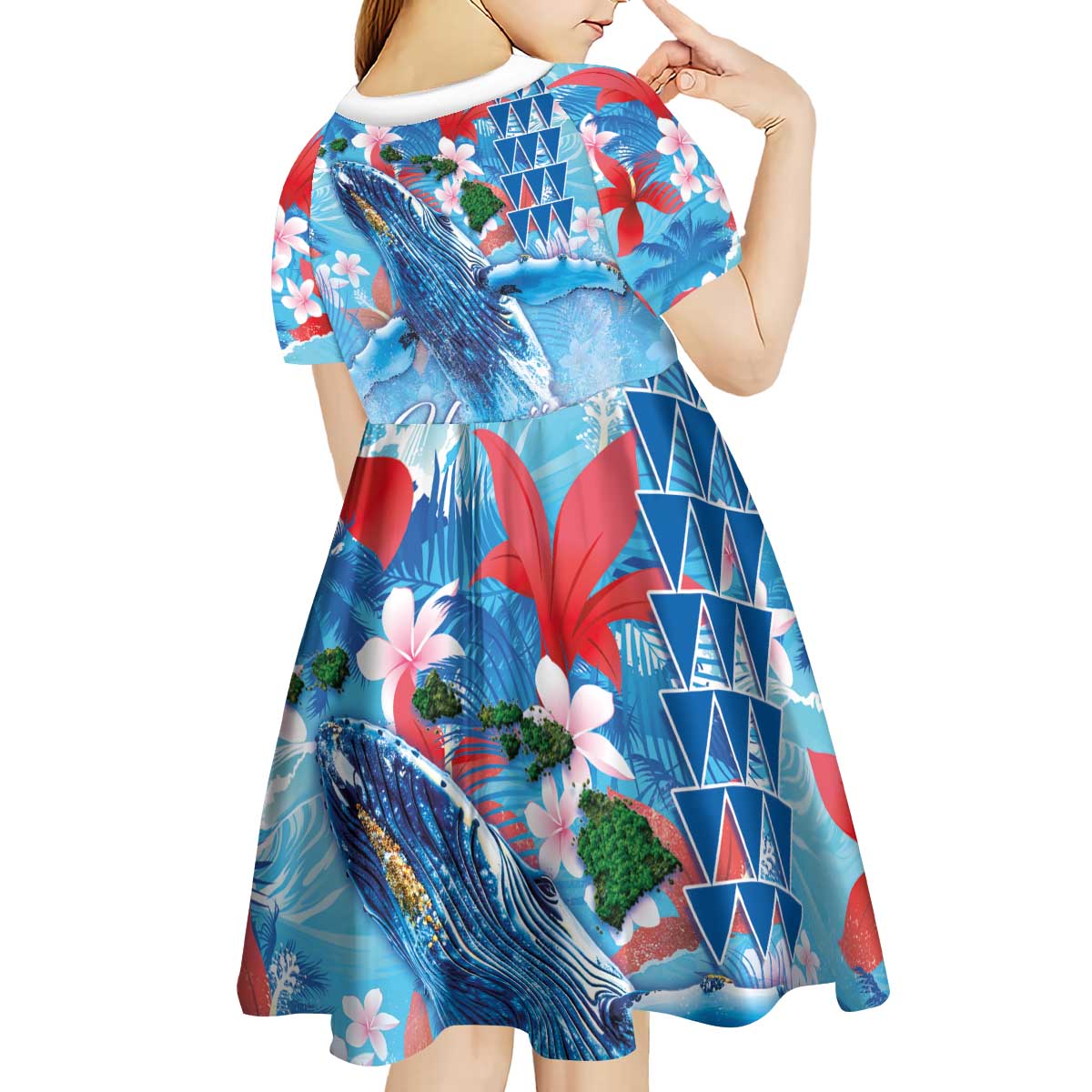 Hawaiian Waves Whale Kid Short Sleeve Dress Kakau Art and Tropical Red Hibiscus Flowers LT03 - Polynesian Pride