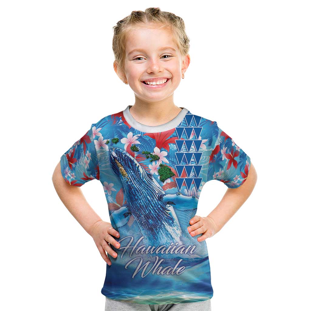 Hawaiian Waves Whale Kid T Shirt Kakau Art and Tropical Red Hibiscus Flowers LT03 Blue - Polynesian Pride
