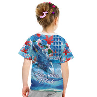 Hawaiian Waves Whale Kid T Shirt Kakau Art and Tropical Red Hibiscus Flowers LT03 - Polynesian Pride