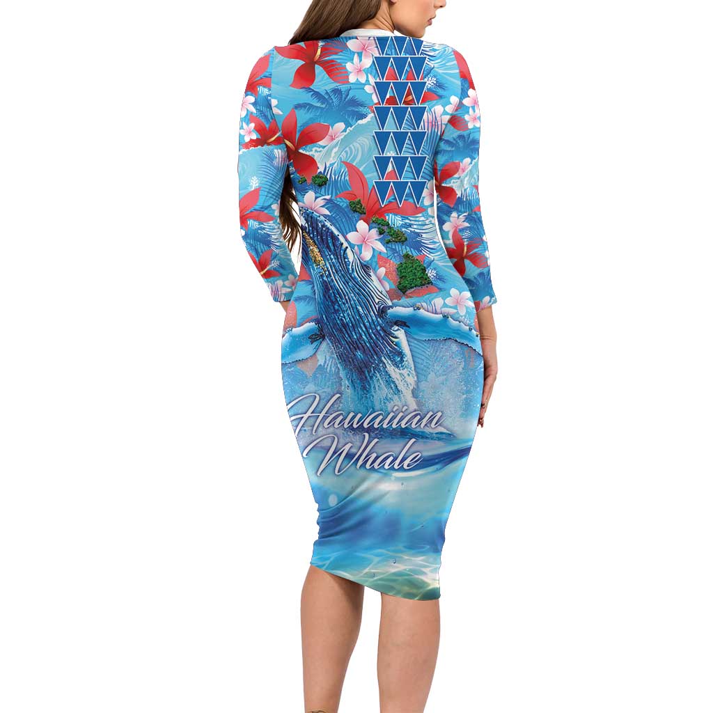 Hawaiian Waves Whale Long Sleeve Bodycon Dress Kakau Art and Tropical Red Hibiscus Flowers LT03 - Polynesian Pride