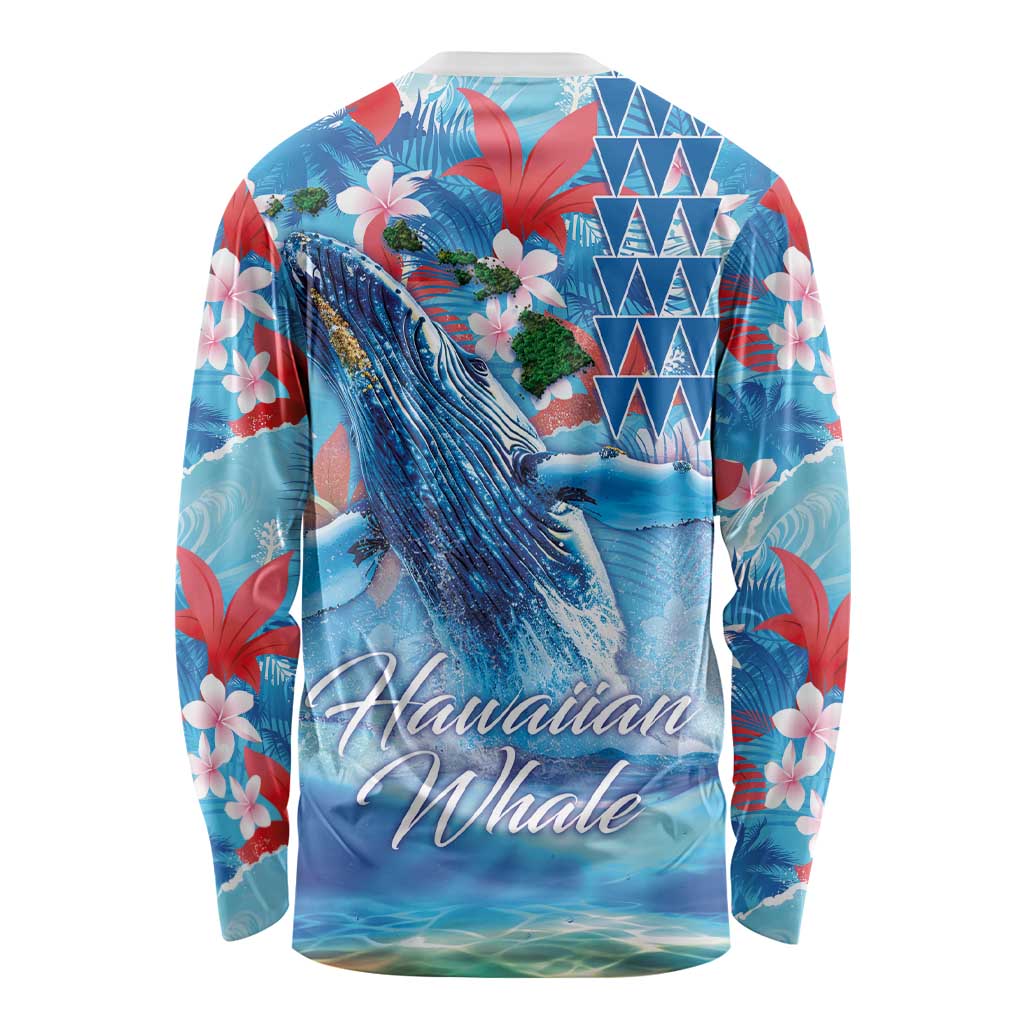 Hawaiian Waves Whale Long Sleeve Shirt Kakau Art and Tropical Red Hibiscus Flowers LT03 - Polynesian Pride