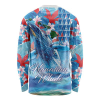 Hawaiian Waves Whale Long Sleeve Shirt Kakau Art and Tropical Red Hibiscus Flowers LT03 - Polynesian Pride