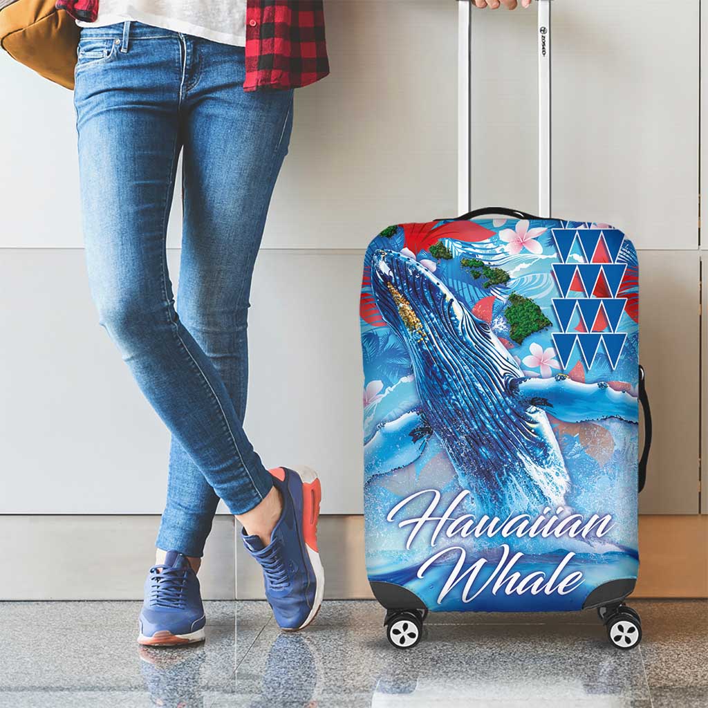 Hawaiian Waves Whale Luggage Cover Kakau Art and Tropical Red Hibiscus Flowers LT03 - Polynesian Pride