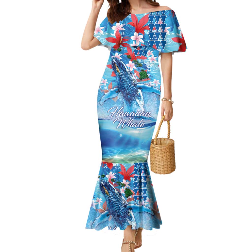 Hawaiian Waves Whale Mermaid Dress Kakau Art and Tropical Red Hibiscus Flowers LT03 Women Blue - Polynesian Pride
