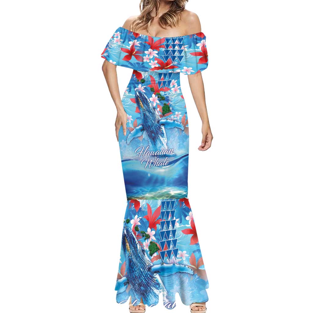Hawaiian Waves Whale Mermaid Dress Kakau Art and Tropical Red Hibiscus Flowers LT03 - Polynesian Pride