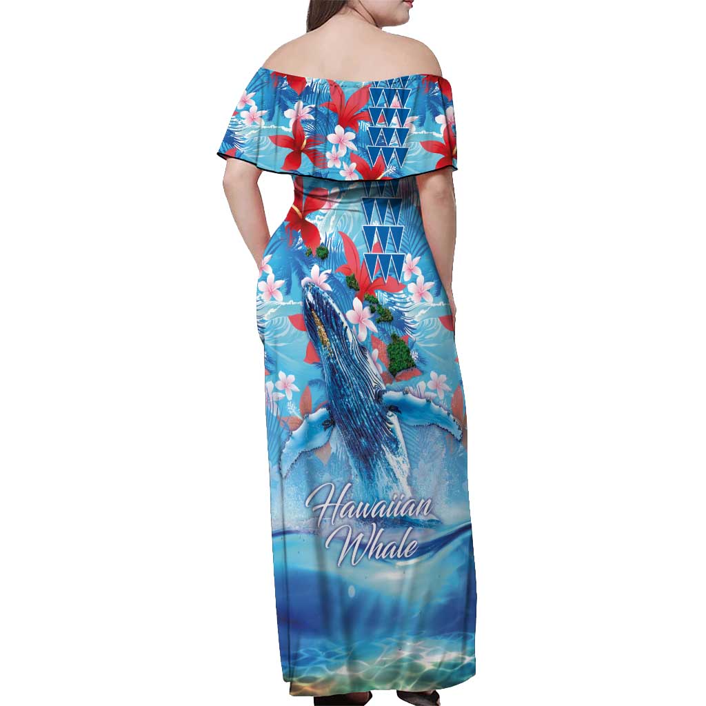 Hawaiian Waves Whale Off Shoulder Maxi Dress Kakau Art and Tropical Red Hibiscus Flowers LT03 - Polynesian Pride