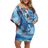 Hawaiian Waves Whale Off Shoulder Short Dress Kakau Art and Tropical Red Hibiscus Flowers LT03 Women Blue - Polynesian Pride