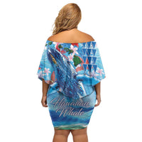 Hawaiian Waves Whale Off Shoulder Short Dress Kakau Art and Tropical Red Hibiscus Flowers LT03 - Polynesian Pride