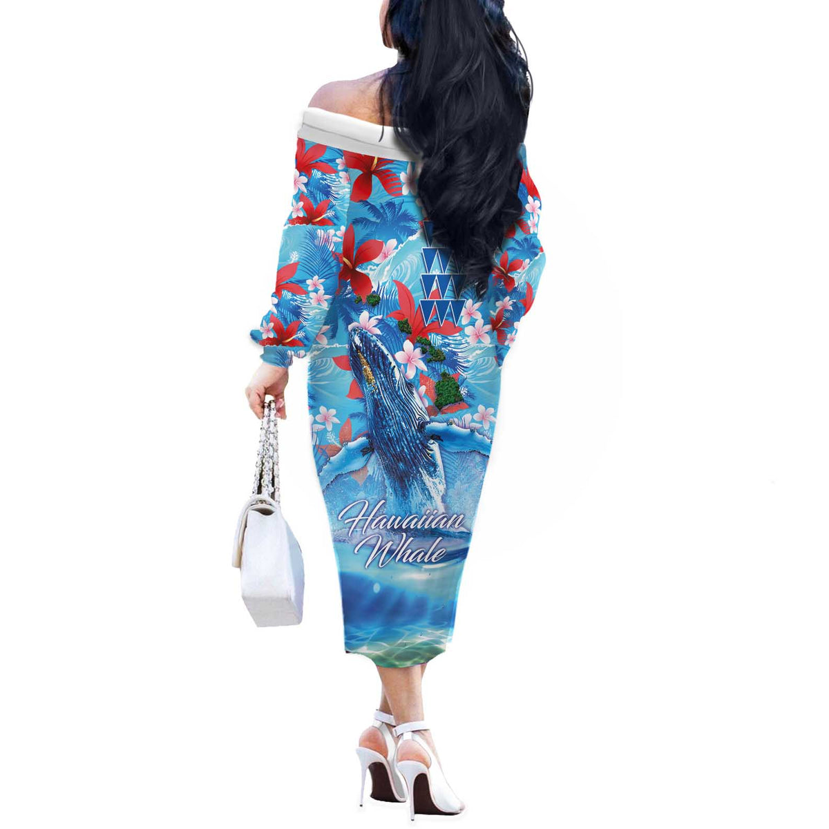 Hawaiian Waves Whale Off The Shoulder Long Sleeve Dress Kakau Art and Tropical Red Hibiscus Flowers LT03 - Polynesian Pride