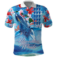 Hawaiian Waves Whale Polo Shirt Kakau Art and Tropical Red Hibiscus Flowers LT03 Blue - Polynesian Pride