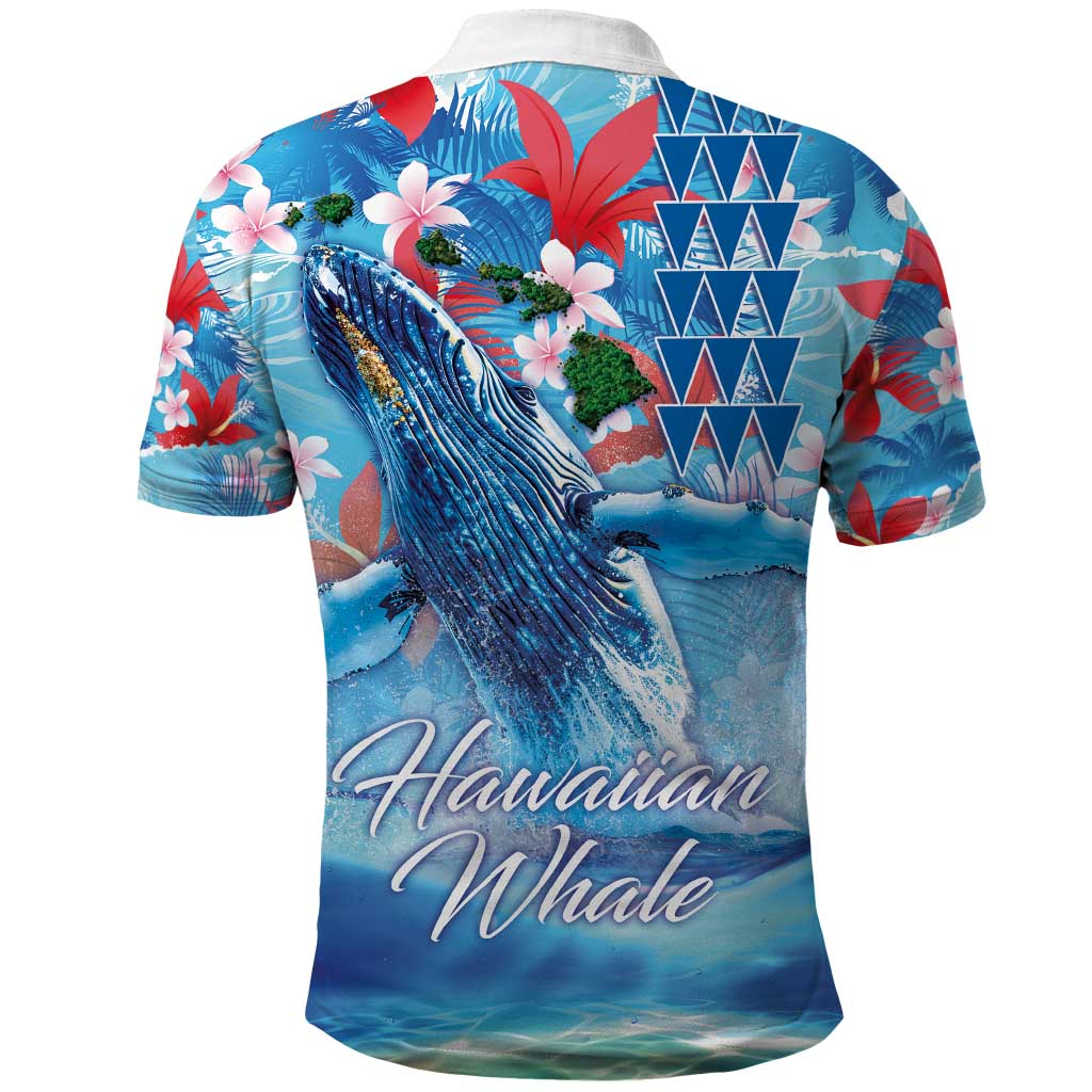 Hawaiian Waves Whale Polo Shirt Kakau Art and Tropical Red Hibiscus Flowers LT03 - Polynesian Pride