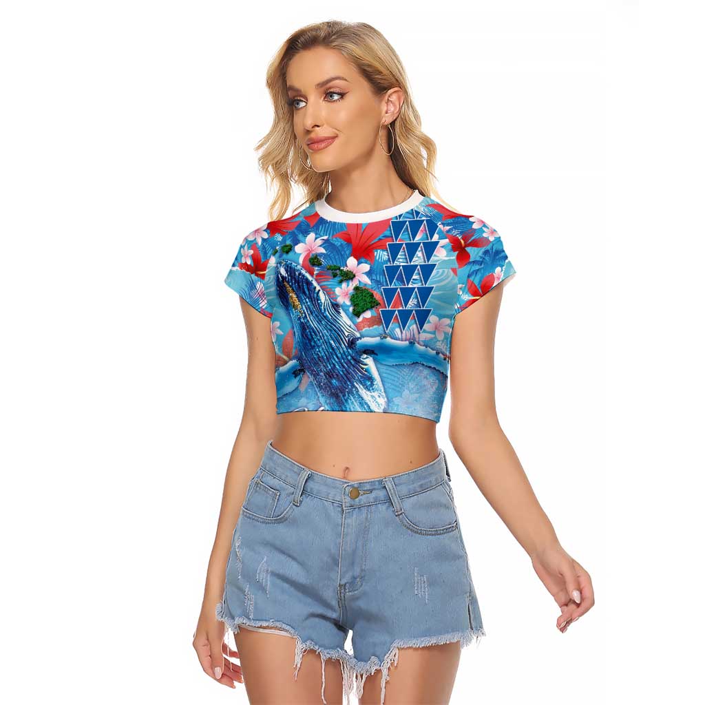 Hawaiian Waves Whale Raglan Cropped T Shirt Kakau Art and Tropical Red Hibiscus Flowers LT03 Female Blue - Polynesian Pride