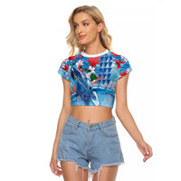Hawaiian Waves Whale Raglan Cropped T Shirt Kakau Art and Tropical Red Hibiscus Flowers LT03 Female Blue - Polynesian Pride