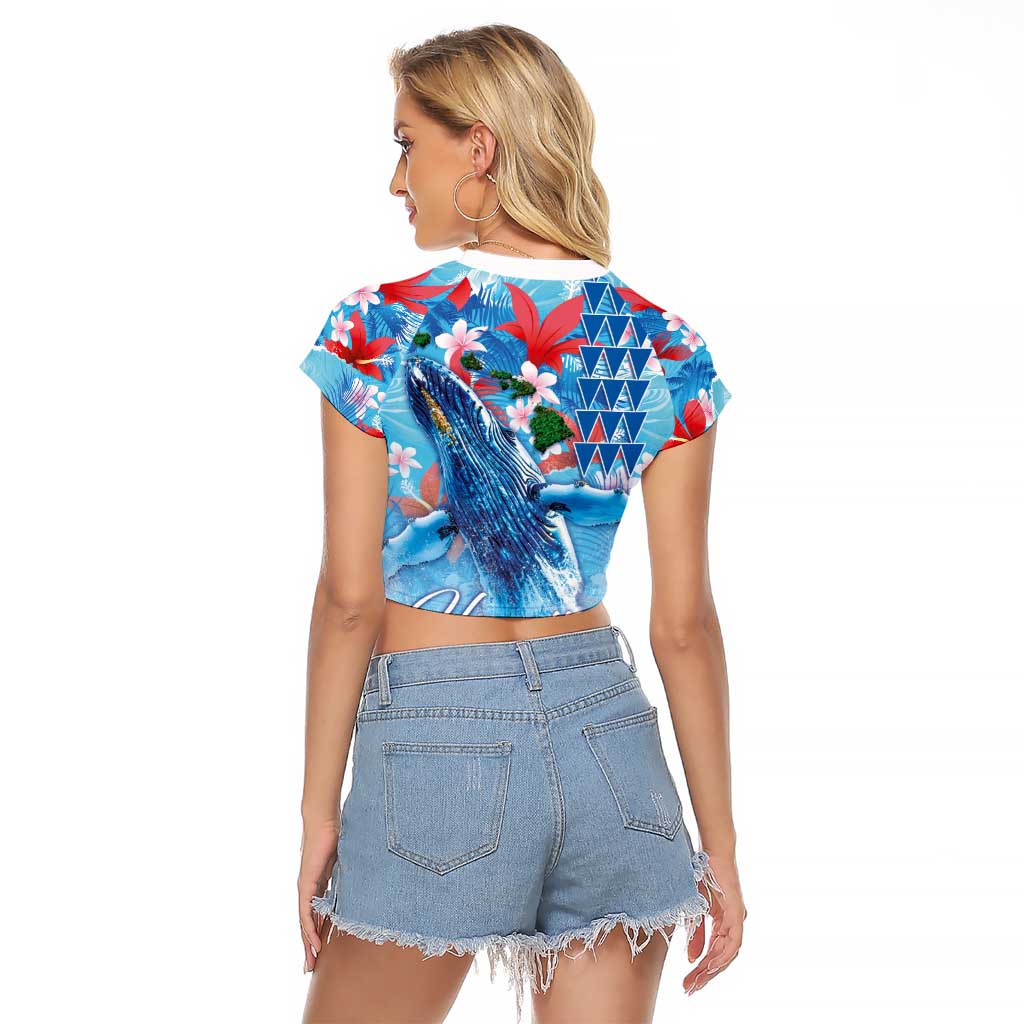 Hawaiian Waves Whale Raglan Cropped T Shirt Kakau Art and Tropical Red Hibiscus Flowers LT03 - Polynesian Pride