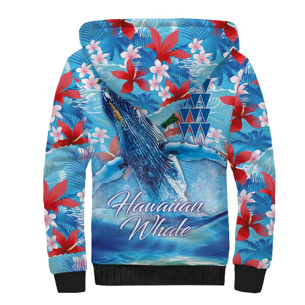 Hawaiian Waves Whale Sherpa Hoodie Kakau Art and Tropical Red Hibiscus Flowers LT03 - Polynesian Pride