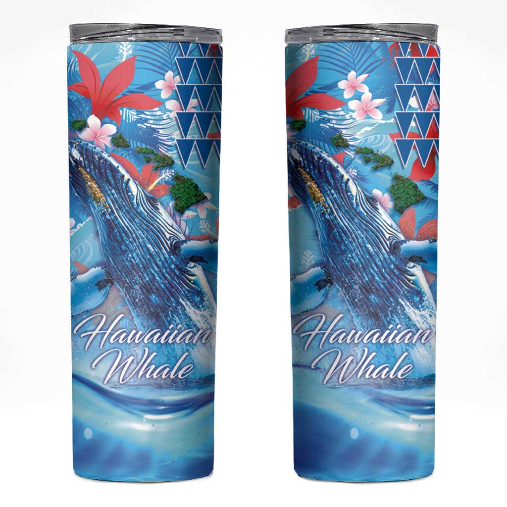 Hawaiian Waves Whale Skinny Tumbler Kakau Art and Tropical Red Hibiscus Flowers LT03 Blue - Polynesian Pride