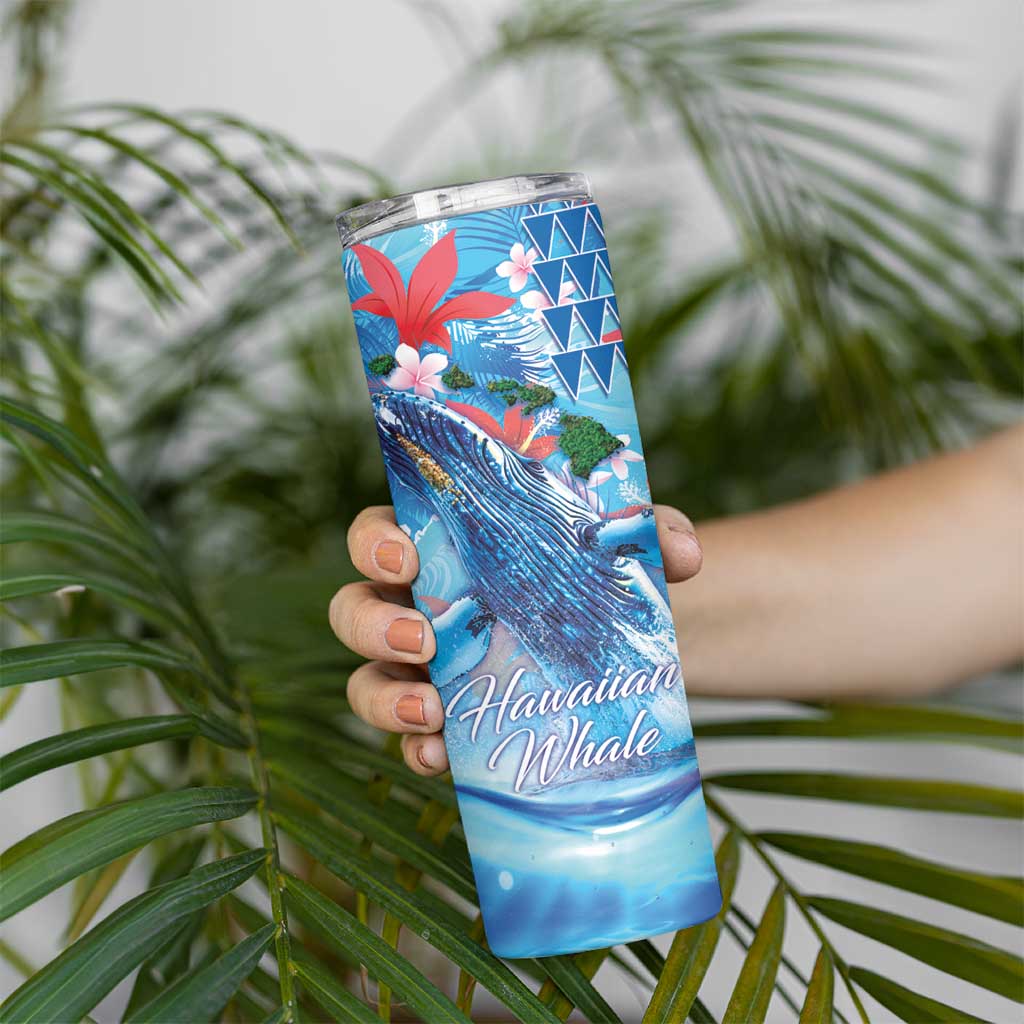 Hawaiian Waves Whale Skinny Tumbler Kakau Art and Tropical Red Hibiscus Flowers LT03 - Polynesian Pride