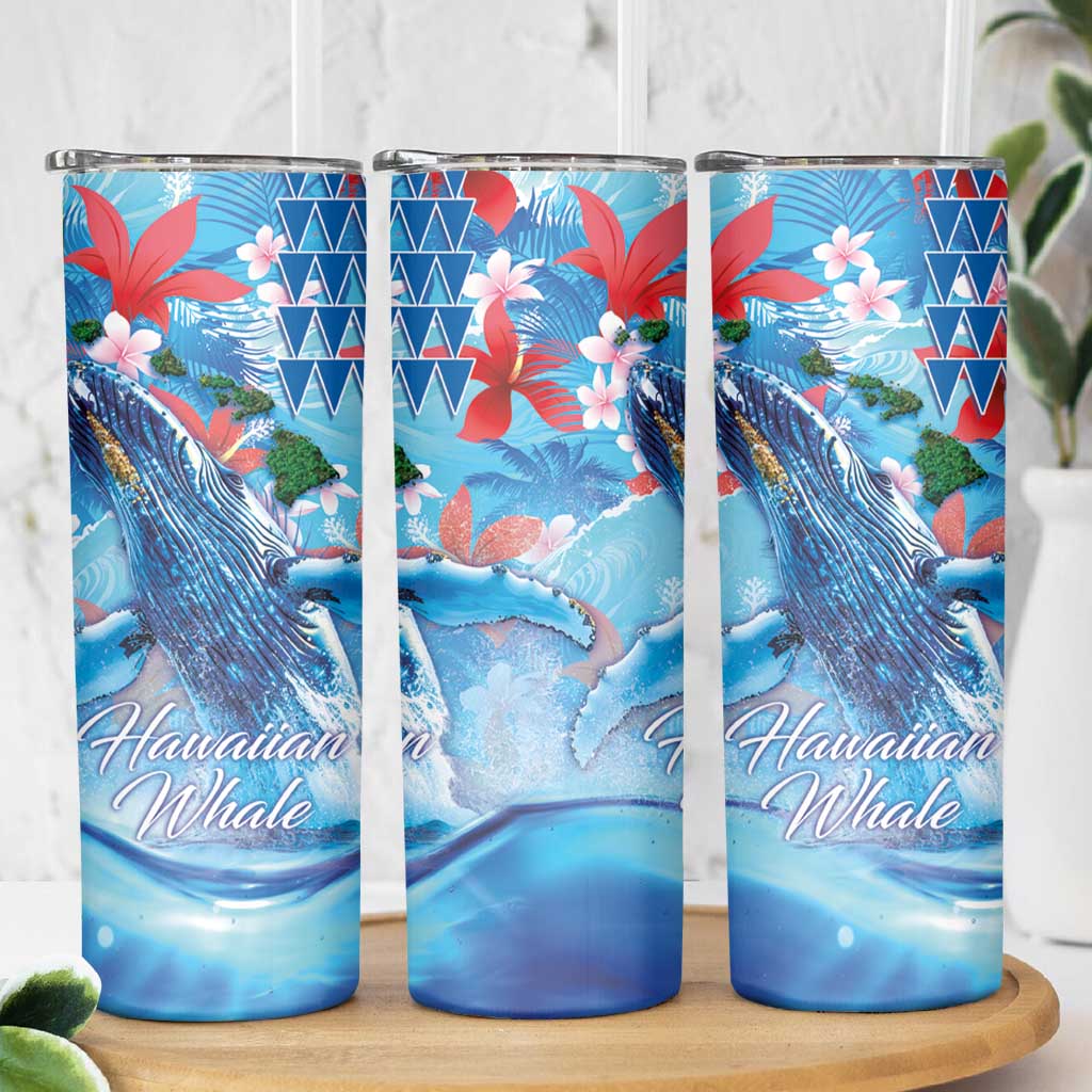 Hawaiian Waves Whale Skinny Tumbler Kakau Art and Tropical Red Hibiscus Flowers LT03 - Polynesian Pride