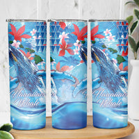 Hawaiian Waves Whale Skinny Tumbler Kakau Art and Tropical Red Hibiscus Flowers LT03 - Polynesian Pride
