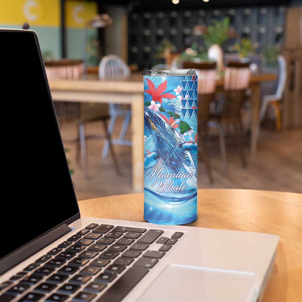 Hawaiian Waves Whale Skinny Tumbler Kakau Art and Tropical Red Hibiscus Flowers LT03 - Polynesian Pride
