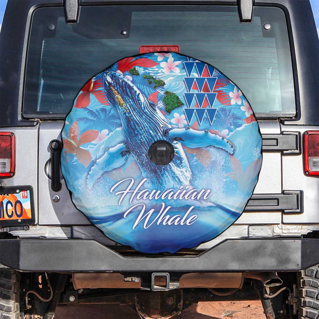 Hawaiian Waves Whale Spare Tire Cover Kakau Art and Tropical Red Hibiscus Flowers LT03 Blue - Polynesian Pride