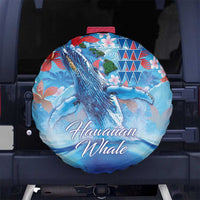 Hawaiian Waves Whale Spare Tire Cover Kakau Art and Tropical Red Hibiscus Flowers LT03 - Polynesian Pride