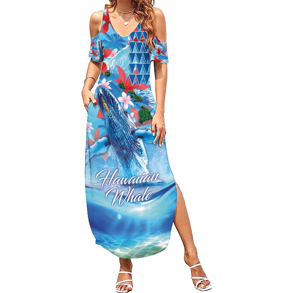 Hawaiian Waves Whale Summer Maxi Dress Kakau Art and Tropical Red Hibiscus Flowers LT03 Women Blue - Polynesian Pride