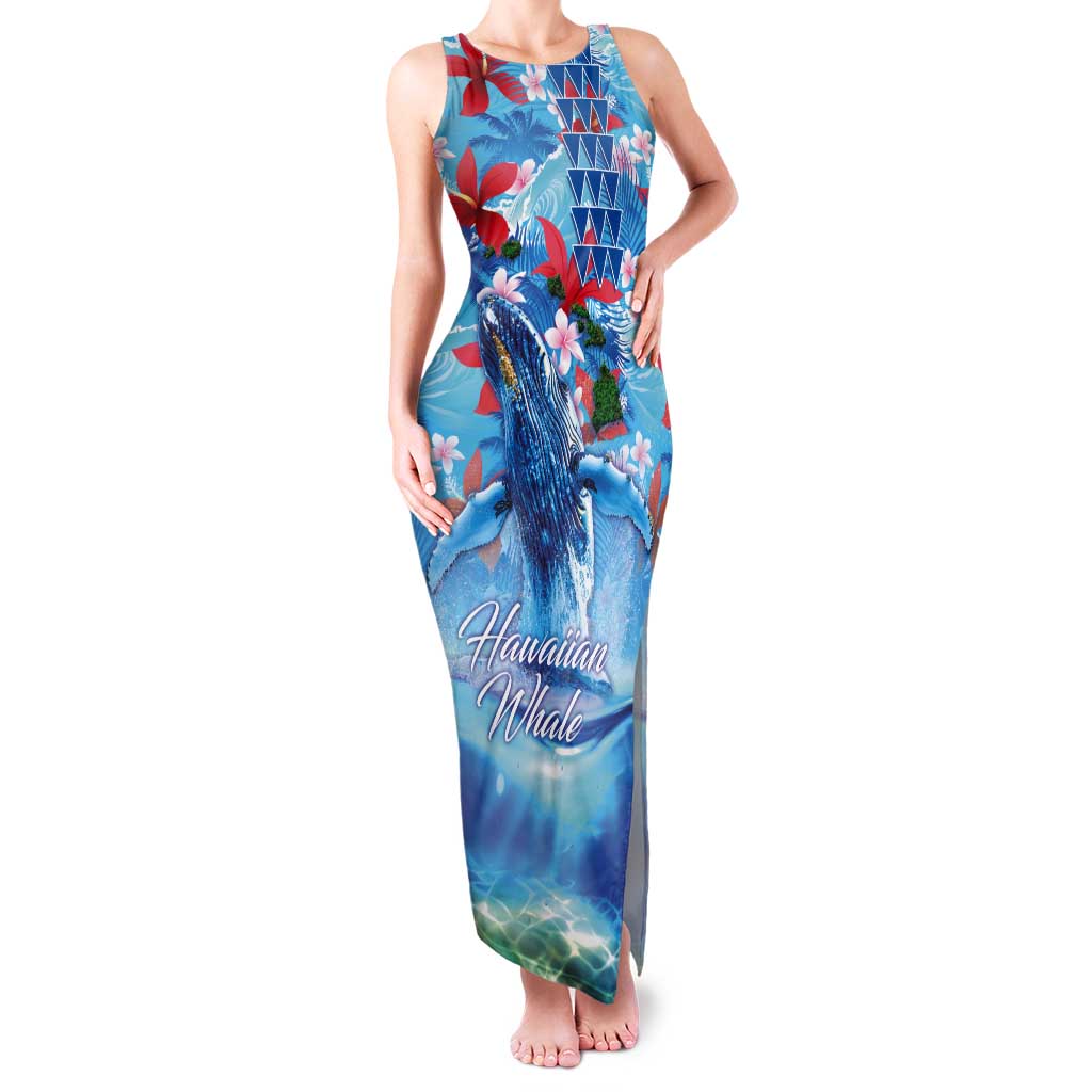 Hawaiian Waves Whale Tank Maxi Dress Kakau Art and Tropical Red Hibiscus Flowers LT03 Women Blue - Polynesian Pride
