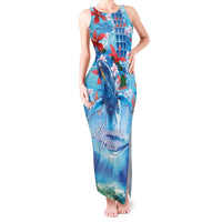 Hawaiian Waves Whale Tank Maxi Dress Kakau Art and Tropical Red Hibiscus Flowers LT03 Women Blue - Polynesian Pride