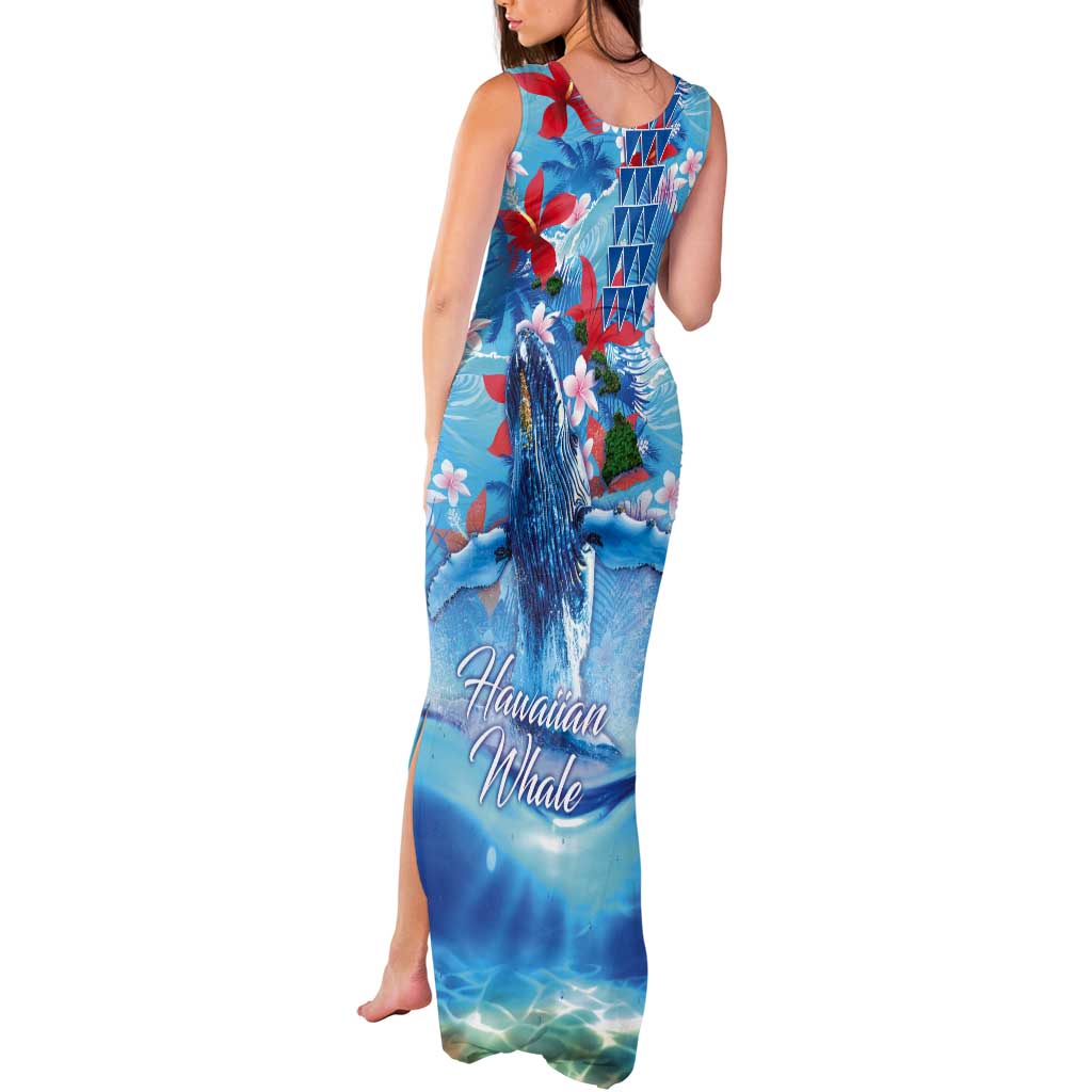 Hawaiian Waves Whale Tank Maxi Dress Kakau Art and Tropical Red Hibiscus Flowers LT03 - Polynesian Pride