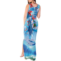 Hawaiian Waves Whale Tank Maxi Dress Kakau Art and Tropical Red Hibiscus Flowers LT03 - Polynesian Pride