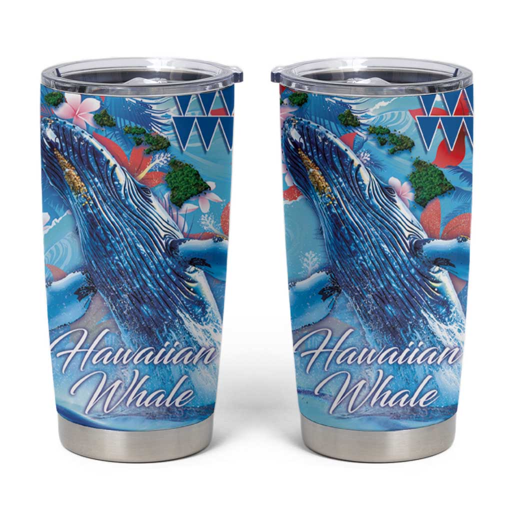Hawaiian Waves Whale Tumbler Cup Kakau Art and Tropical Red Hibiscus Flowers LT03 Blue - Polynesian Pride