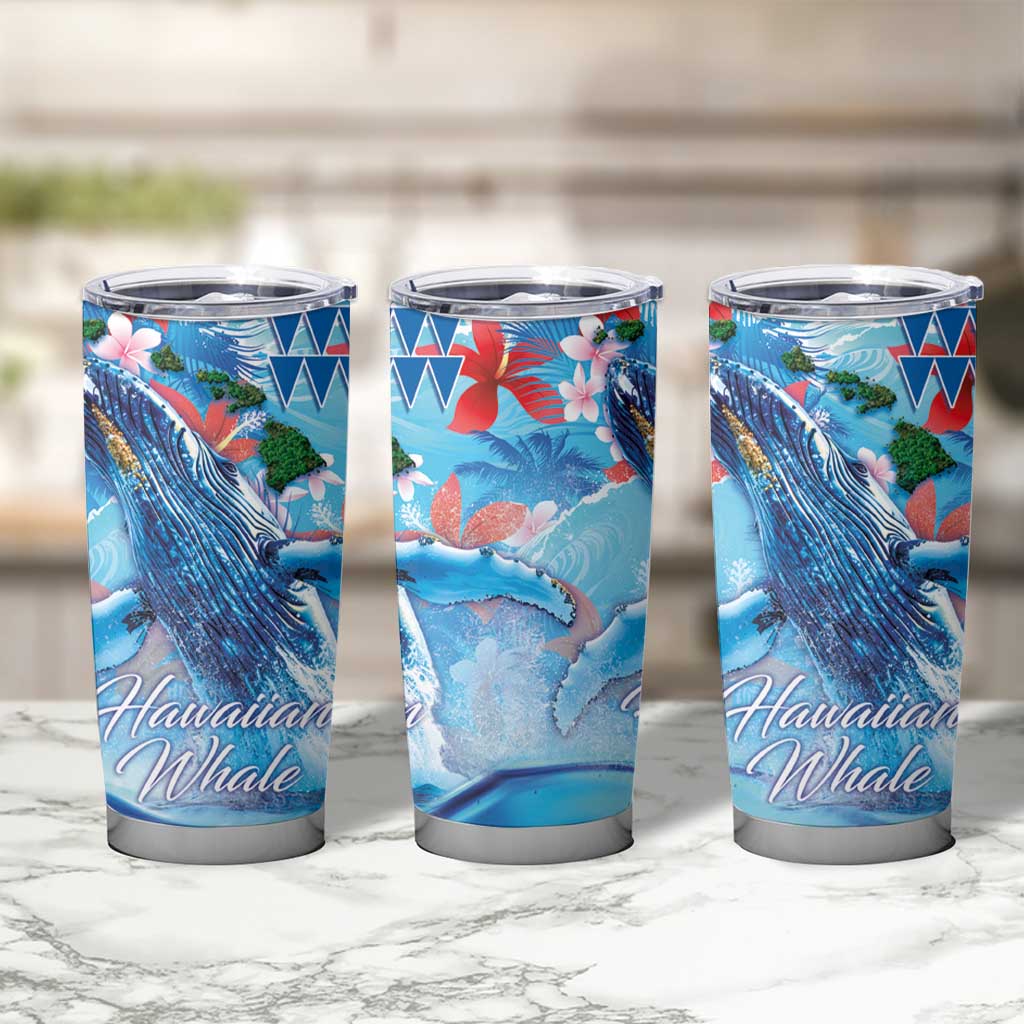 Hawaiian Waves Whale Tumbler Cup Kakau Art and Tropical Red Hibiscus Flowers LT03 - Polynesian Pride