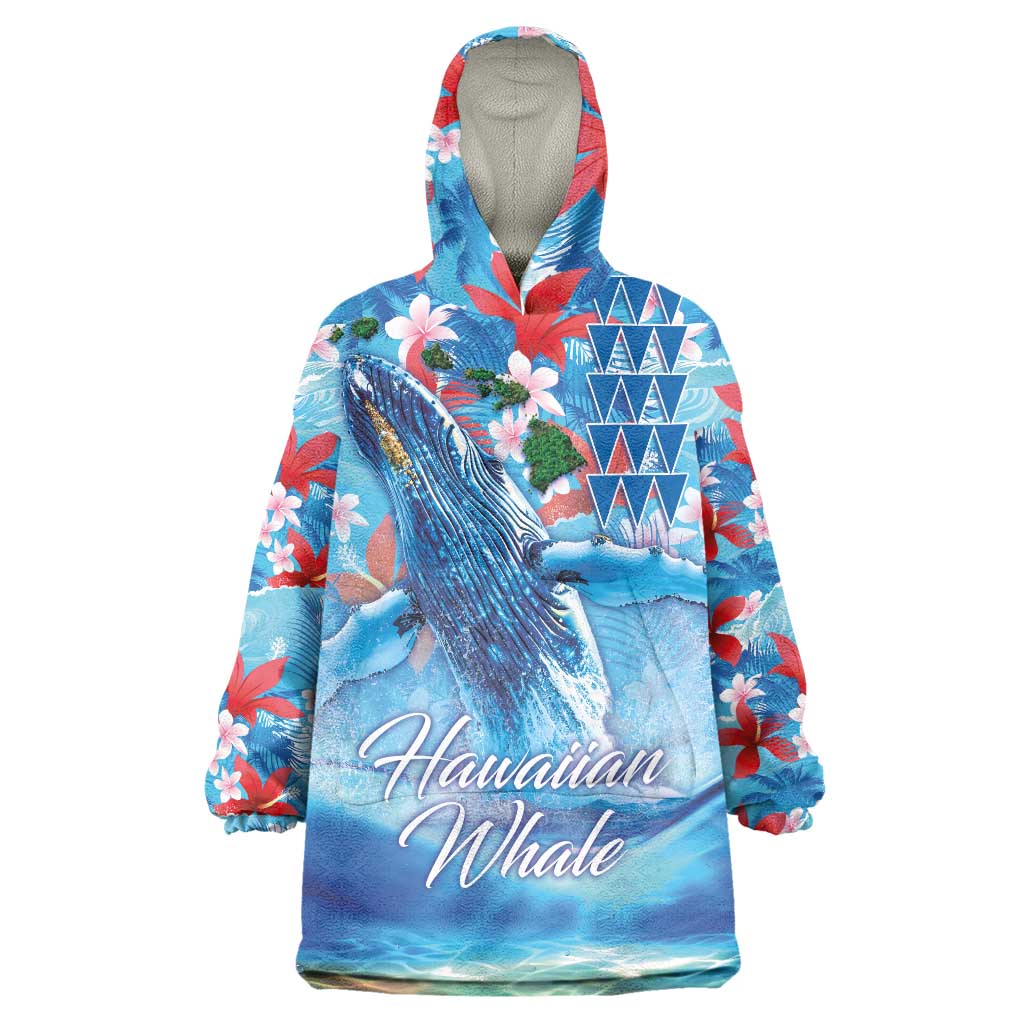 Hawaiian Waves Whale Wearable Blanket Hoodie Kakau Art and Tropical Red Hibiscus Flowers LT03 One Size Blue - Polynesian Pride