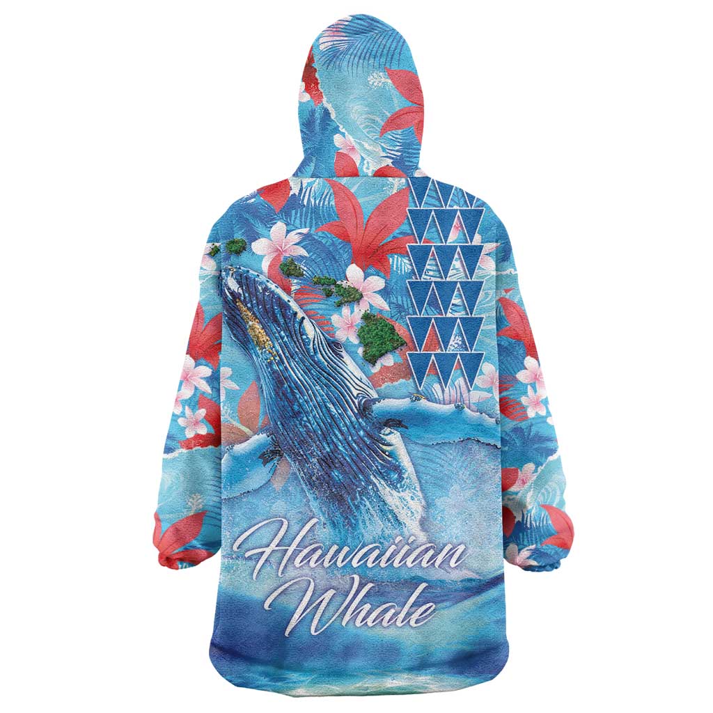 Hawaiian Waves Whale Wearable Blanket Hoodie Kakau Art and Tropical Red Hibiscus Flowers LT03 - Polynesian Pride