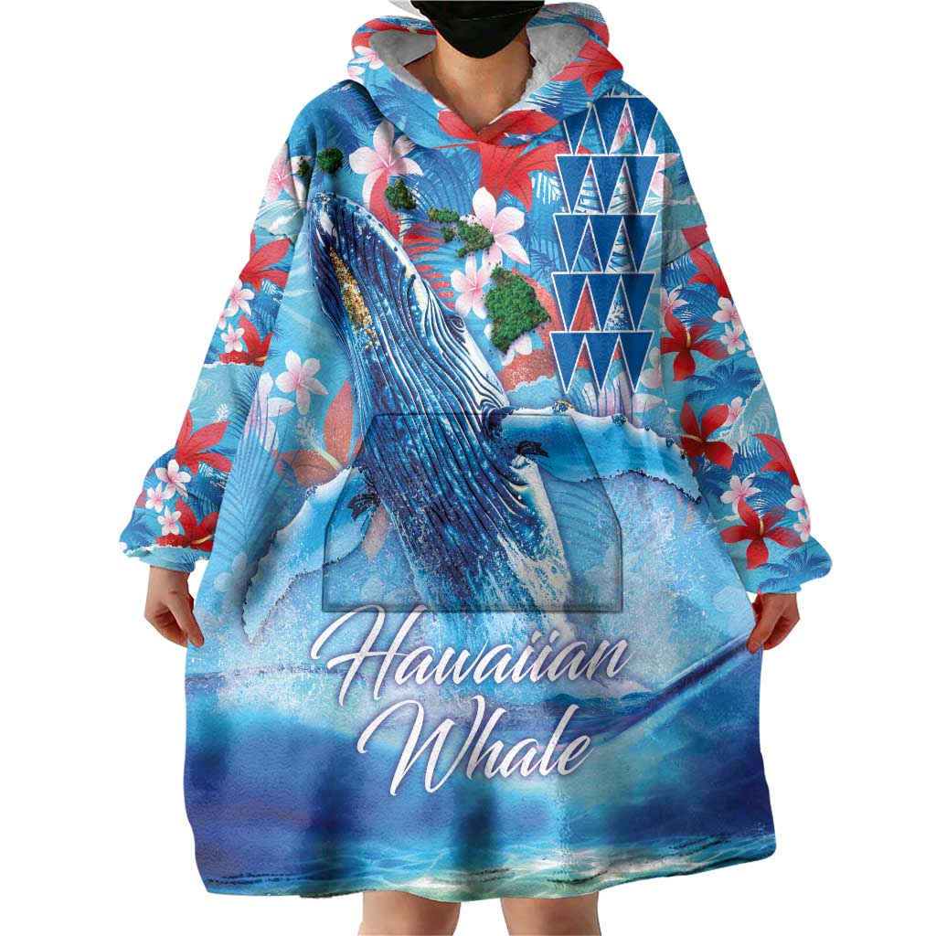 Hawaiian Waves Whale Wearable Blanket Hoodie Kakau Art and Tropical Red Hibiscus Flowers LT03 - Polynesian Pride