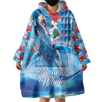 Hawaiian Waves Whale Wearable Blanket Hoodie Kakau Art and Tropical Red Hibiscus Flowers LT03 - Polynesian Pride