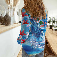 Hawaiian Waves Whale Women Casual Shirt Kakau Art and Tropical Red Hibiscus Flowers LT03 - Polynesian Pride