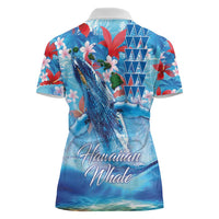 Hawaiian Waves Whale Women Polo Shirt Kakau Art and Tropical Red Hibiscus Flowers