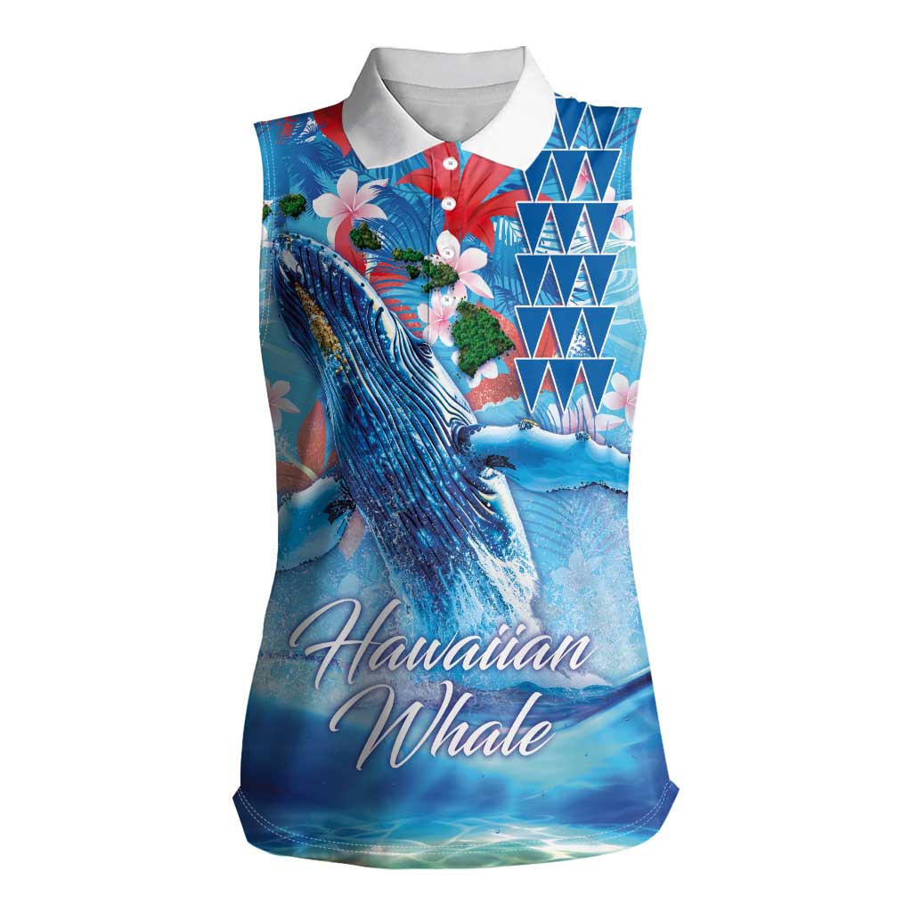 Hawaiian Waves Whale Women Sleeveless Polo Shirt Kakau Art and Tropical Red Hibiscus Flowers LT03 Female Blue - Polynesian Pride
