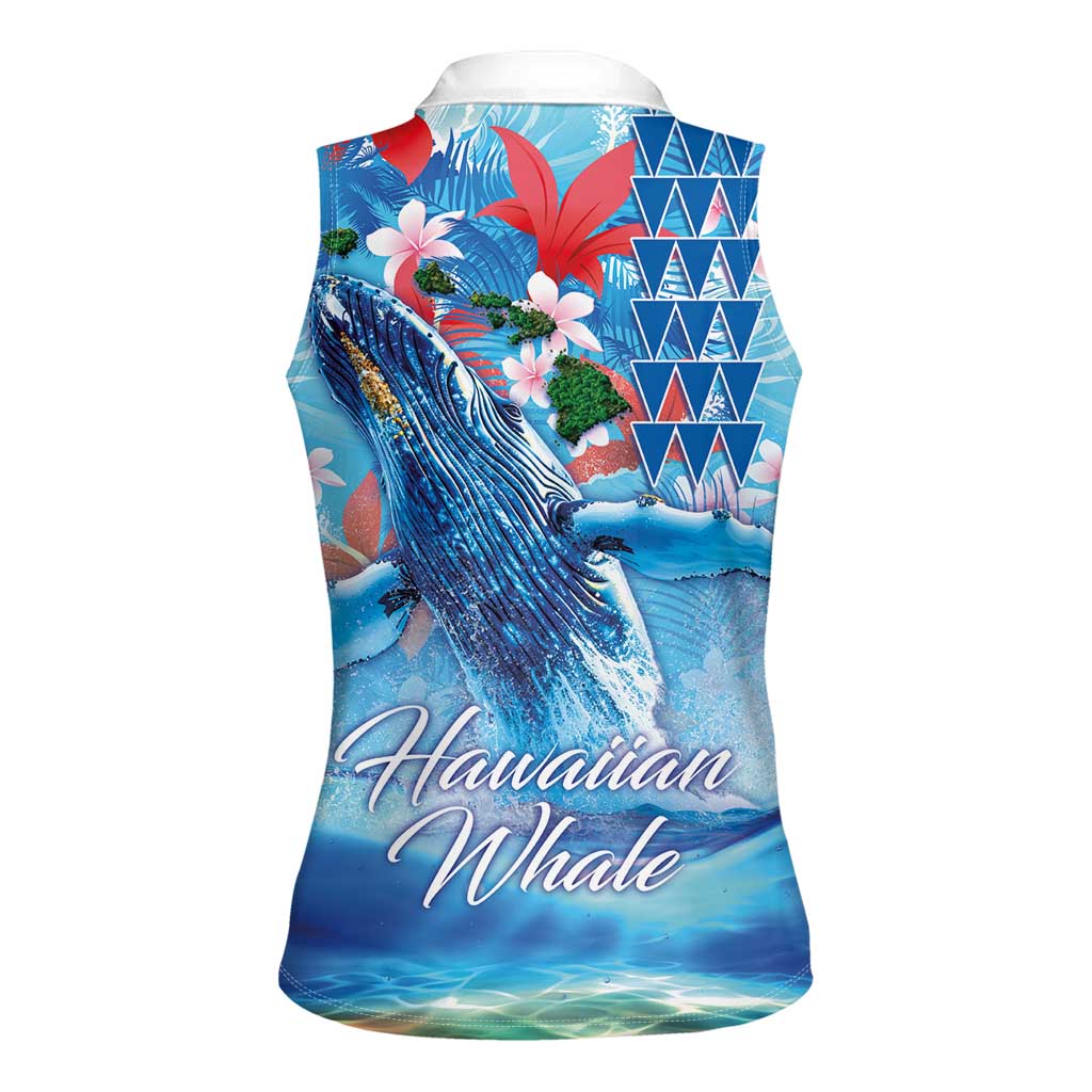Hawaiian Waves Whale Women Sleeveless Polo Shirt Kakau Art and Tropical Red Hibiscus Flowers LT03 - Polynesian Pride