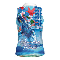 Hawaiian Waves Whale Women Sleeveless Polo Shirt Kakau Art and Tropical Red Hibiscus Flowers LT03 - Polynesian Pride