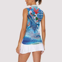 Hawaiian Waves Whale Women Sleeveless Polo Shirt Kakau Art and Tropical Red Hibiscus Flowers LT03 - Polynesian Pride