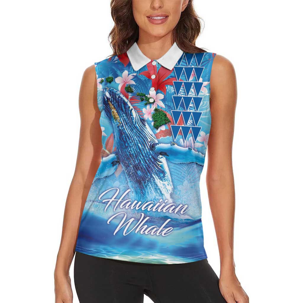 Hawaiian Waves Whale Women Sleeveless Polo Shirt Kakau Art and Tropical Red Hibiscus Flowers LT03 - Polynesian Pride