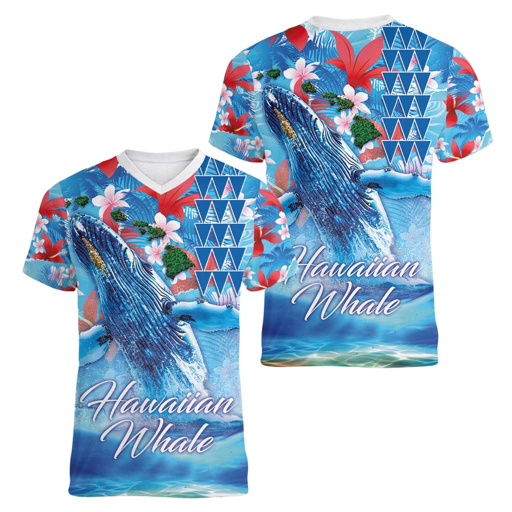 Hawaiian Waves Whale Women V-Neck T-Shirt Kakau Art and Tropical Red Hibiscus Flowers LT03 - Polynesian Pride