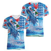 Hawaiian Waves Whale Women V-Neck T-Shirt Kakau Art and Tropical Red Hibiscus Flowers LT03 - Polynesian Pride